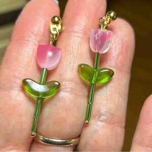 3/$25 Pink Tulip Glass Drop Earrings